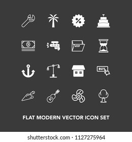 Modern, simple vector icon set on dark background with sale, landscape, balance, food, equipment, bank, home, musical, music, law, tree, ventilator, fan, sign, guitar, sound, money, anchor, tool icons