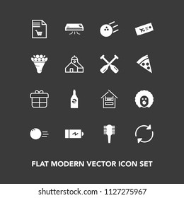 Modern, simple vector icon set on dark background with cart, pin, air, ticket, refresh, conditioning, beverage, arrow, scary, list, notebook, circus, shopping, bottle, power, supermarket, brush icons
