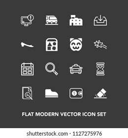 Modern, simple vector icon set on dark background with eraser, zoom, transportation, train, internet, schedule, education, clock, timer, day, web, hour, fashion, cash, computer, wallet, purse icons