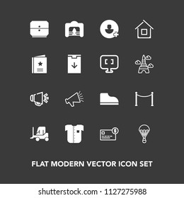 Modern, simple vector icon set on dark background with add, architecture, credit, new, parachuting, house, parachute, card, white, balance, footwear, fence, account, favour, fireplace, delivery icons