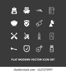 Modern, simple vector icon set on dark background with travel, oar, finance, boat, folk, cable, footwear, rocket, shopping, technology, bill, instrument, water, financial, craft, spaceship, bag icons