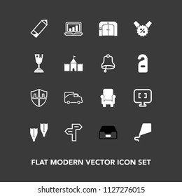 Modern, simple vector icon set on dark background with summer, direction, pencil, armchair, sign, graphic, price, protection, pc, screen, way, laptop, underwater, furniture, internet, sport, sky icons