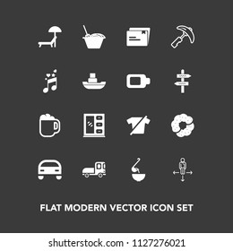 Modern, simple vector icon set on dark background with road, truck, umbrella, cabinet, file, drink, spoon, vehicle, meal, food, cake, home, soup, chair, shirt, transport, doughnut, chinese, car icons