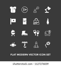 Modern, simple vector icon set on dark background with new, glass, leisure, cancel, web, clothing, white, table, couch, interior, shuttle, message, leather, earth, fashion, email, barbecue, hook icons