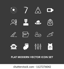 Modern, simple vector icon set on dark background with camp, fashion, battery, team, astronaut, helmet, folder, equipment, shovel, spanner, travel, planet, science, doctor, hammer, winter, file icons