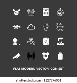 Modern, simple vector icon set on dark background with faucet, travel, telephone, mobile, sign, water, cell, cutlery, space, luggage, hot, menu, spaceship, breakfast, clothes, kid, craft, game icons
