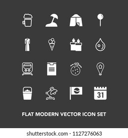 Modern, simple vector icon set on dark background with tent, package, time, transport, technology, delivery, palm, adventure, island, object, pin, lamp, train, railway, calendar, shipping, beach icons
