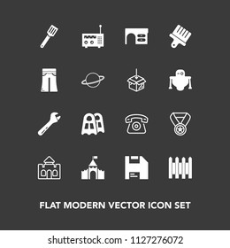 Modern, simple vector icon set on dark background with computer, cooking, table, success, business, sport, building, castle, mobile, fence, equipment, prize, food, kitchen, water, desk, tool icons