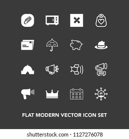 Modern, simple vector icon set on dark background with bag, sound, oven, home, screen, travel, adventure, white, leather, camp, clip, object, record, telephone, loudspeaker, closed, crown, loud icons