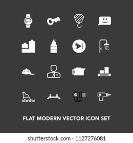 Modern, simple vector icon set on dark background with up, equipment, hand, key, business, drill, gadget, female, building, hair, fashion, water, espresso, employer, headwear, people, time, face icons