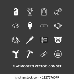 Modern, simple vector icon set on dark background with championship, unlock, martini, equipment, swine, stationery, business, freelancer, alcohol, open, lock, weight, link, privacy, security icons