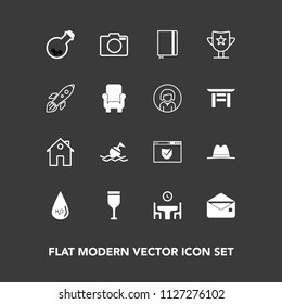 Modern, simple vector icon set on dark background with table, property, medicine, alcohol, award, glass, equipment, page, internet, lifebuoy, food, house, book, hat, buoy, drink, home, website icons