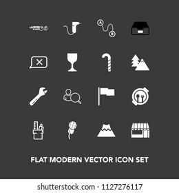 Modern, simple vector icon set on dark background with destination, landscape, strike, market, child, tool, volcano, store, music, web, hit, clinic, sign, crater, plate, medical, online, kid icons