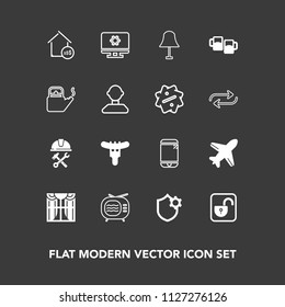 Modern, simple vector icon set on dark background with foreman, plane, estate, food, industry, internet, open, window, helmet, property, setting, dinner, computer, curtain, construction, lamp icons