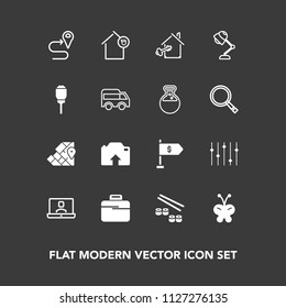 Modern, simple vector icon set on dark background with salmon, key, owner, property, atlas, technology, butterfly, internet, seafood, insect, estate, business, navigation, map, upload, geography icons