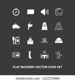 Modern, simple vector icon set on dark background with pool, music, dinner, fire, red, footwear, light, lipstick, beauty, talk, table, summer, card, swimming, background, sun, up, plastic, map icons