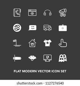 Modern, simple vector icon set on dark background with browser, retro, sound, baby, internet, sport, window, audio, house, music, click, business, template, home, memory, building, infographic icons