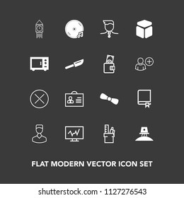 Modern, simple vector icon set on dark background with astronaut, cube, gold, sound, medicine, education, big, office, microwave, library, business, female, doctor, diagnostic, winner, study icons
