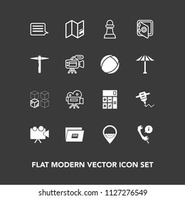 Modern, simple vector icon set on dark background with location, retro, finance, banking, chessboard, replacement, accounting, relocation, equipment, calculator, bank, job, work, headset, sign icons