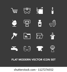 Modern, simple vector icon set on dark background with glasses, butterfly, hanger, rubbish, box, sun, trolley, desk, trash, travel, clothes, tool, axe, fashion, insect, clothing, retail, garbage icons