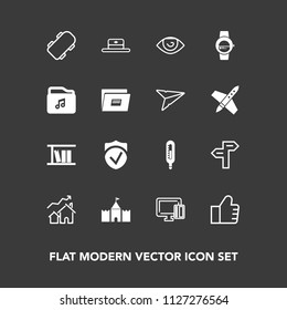 Modern, simple vector icon set on dark background with sign, find, arrow, internet, paper, head, thermometer, direction, house, tower, time, payment, book, search, file, cap, body, check, skate icons