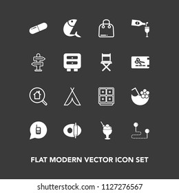 Modern, simple vector icon set on dark background with pill, bank, travel, ice, sea, kitchen, camp, safe, telephone, home, buy, seafood, outdoor, phone, money, destination, retail, fashion, pan icons