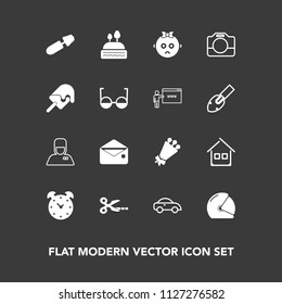 Modern, simple vector icon set on dark background with black, estate, alarm, motorcycle, mail, sweet, biker, cut, food, motorbike, house, beautiful, car, doughnut, hotel, bouquet, floral, home icons