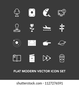 Modern, simple vector icon set on dark background with galaxy, monitor, seafood, medical, book, shop, open, space, computer, pot, dinner, drink, meal, white, player, cafe, audio, coffee, tree icons