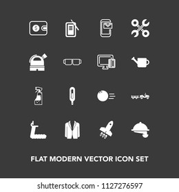 Modern, simple vector icon set on dark background with phone, service, thermometer, observatory, bowling, cash, industrial, truck, delivery, repair, temperature, sun, money, reparation, glasses icons