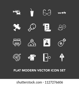 Modern, simple vector icon set on dark background with music, fast, white, construction, exit, flight, mark, cold, exclamation, search, folk, watch, shipping, plane, aircraft, drink, truck, spy icons