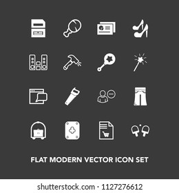 Modern, simple vector icon set on dark background with web, woman, food, saw, meal, fashion, construction, work, travel, website, list, sport, chat, account, chicken, notebook, market, document icons