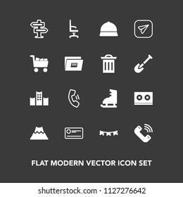 Modern, simple vector icon set on dark background with interior, comfortable, volcano, background, crater, holiday, phone, doorknob, money, casette, home, communication, call, message, landscape icons