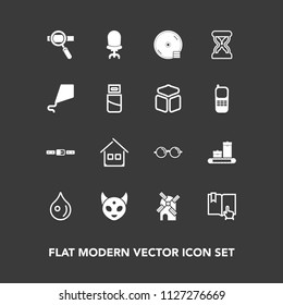 Modern, simple vector icon set on dark background with wind, liquid, ufo, chair, luggage, water, power, cd, comfortable, sand, research, electricity, eyeglasses, click, armchair, drop, optical icons