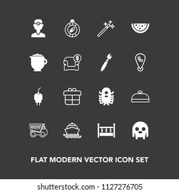 Modern, simple vector icon set on dark background with east, decoration, dentistry, alien, power, compass, dentist, wizard, boat, ufo, present, cable, luggage, truck, magician, home, gift, south icons