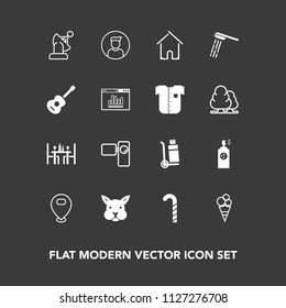 Modern, simple vector icon set on dark background with candy, restaurant, home, coffee, video, cargo, spray, architecture, water, house, communication, rabbit, satellite, shower, transportation icons