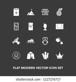Modern, simple vector icon set on dark background with download, home, woman, building, adventure, vessel, travel, tent, tea, industry, ocean, royal, girl, ship, nature, chess, foreman, piece icons