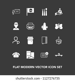 Modern, simple vector icon set on dark background with japanese, bag, fish, japan, restaurant, unpacking, page, building, real, seafood, food, box, asia, notebook, business, sushi, spoon, sack icons