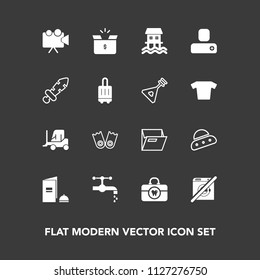 Modern, simple vector icon set on dark background with projector, water, spaceship, box, health, care, car, brochure, technology, underwater, clean, tap, screen, cardboard, container, paper, sea icons