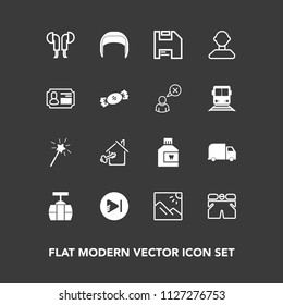 Modern, simple vector icon set on dark background with estate, template, sky, photo, hygiene, travel, car, audio, media, wear, dental, care, technology, house, landscape, music, service, video icons