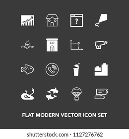 Modern, simple vector icon set on dark background with bicycle, ball, unknown, summer, camera, food, surfer, joy, ring, parachute, beverage, concept, tv, trend, bike, internet, kite, seafood icons