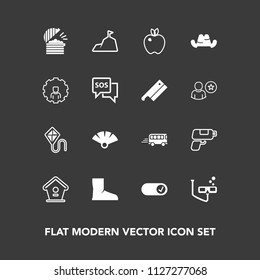 Modern, simple vector icon set on dark background with wooden, bus, summer, sensu, hat, food, clothing, sport, fun, traditional, fan, landscape, joy, mask, chef, bird, kite, scuba, gun, apple,  icons
