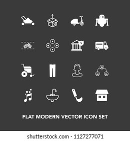 Modern, simple vector icon set on dark background with pants, lawn, box, food, musical, ladle, sign, note, clothing, tap, cooking, unpacking, new, trousers, avatar, sound, hierarchy, profile icons