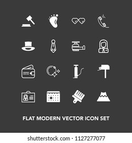 Modern, simple vector icon set on dark background with female, schedule, night, white, day, sign, lava, post, internet, woman, purse, person, time, judge, star, mailbox, crater, money, timetable icons