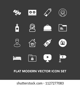 Modern, simple vector icon set on dark background with television, money, care, lock, safety, brush, woman, travel, avatar, clean, station, house, security, media, health, folder, music, home icons