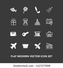 Modern, simple vector icon set on dark background with craft, queen, audio, store, musical, crown, , seafood, key, flight, basket, space, kitchen, sea, guitar, royal, shop, package, aircraft icons