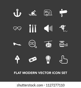 Modern, simple vector icon set on dark background with rail, marine, way, footwear, buoy, train, concept, lifebuoy, help, air, click, knife, safety, arrow, blue, hot, vehicle, energy, sunglasses icons