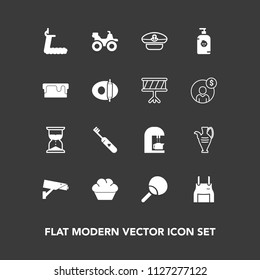 Modern, simple vector icon set on dark background with cook, caffeine, chef, decoration, extreme, clock, cafe, tennis, sport, gym, doughnut, clean, sand, dirt, espresso, health, captain, dessert icons