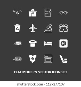 Modern, simple vector icon set on dark background with baby, real, garbage, recycling, hotel, sound, transportation, glasses, eyesight, equipment, contract, clothes, cooking, building, food, bus icons