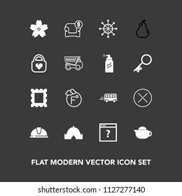 Modern, simple vector icon set on dark background with modern, breakfast, safety, travel, work, outdoor, hot, fahrenheit, transportation, close, interior, spring, business, unknown, sakura, sofa icons