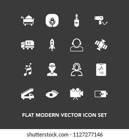 Modern, simple vector icon set on dark background with note, clinic, energy, music, microphone, equipment, dentist, sound, transport, truck, beautiful, black, medical, lady, battery, electricity icons